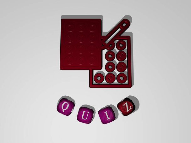 3D weergave van QUIZ met icoon op de muur en tekst gerangschikt door metalen kubieke letters op een spiegelvloer voor concept betekenis en diavoorstelling presentatie. illustratie en antwoord - Foto, afbeelding