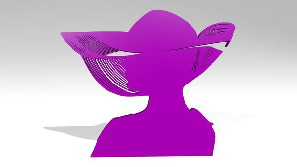 FEMME DE CLASSE AVEC UN chapeau d'un point de vue avec l'ombre. Une sculpture épaisse faite de matériaux métalliques de rendu 3D. contexte et illustration - Photo, image