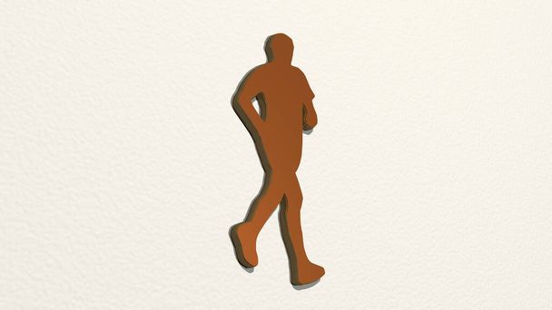 ATHLETIC RUNNER on the wall. 3D illustration of metallic sculpture over a white background with mild texture. athlete and active - Photo, Image