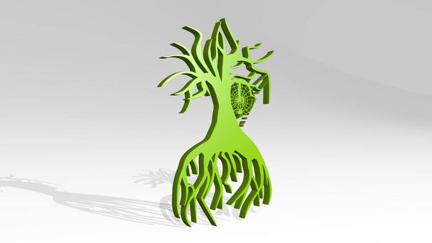SPIDER WEB On TREE staan met schaduw. 3D illustratie van metalen sculptuur over een witte achtergrond met milde textuur. zwart en halloween - Foto, afbeelding