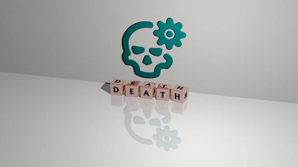 3D απεικόνιση των γραφικών DEATH και κείμενο που γίνεται με μεταλλικά γράμματα ζάρια για τις σχετικές έννοιες της έννοιας και των παρουσιάσεων. φόντο και νεκρός - Φωτογραφία, εικόνα