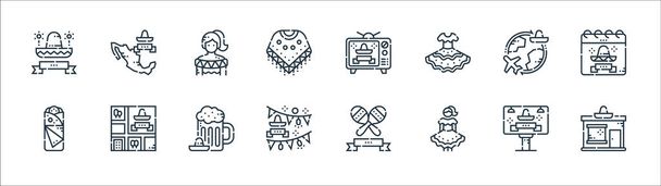 cinco de mayo line icons. linear set. quality vector line set such as shop, mexican woman, garlands, fajitas, travel, mexican woman, cinco de mayo, mexico - Vector, Image