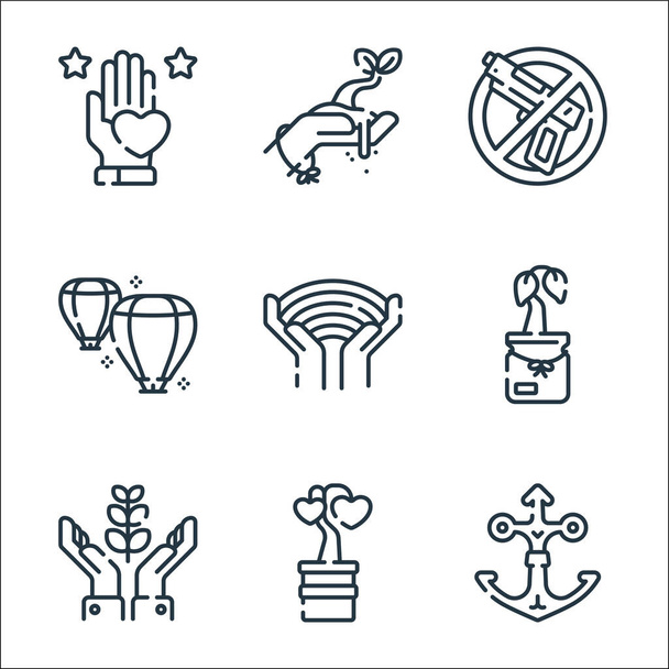 hope line icons. linear set. quality vector line set such as anchor, sprout, hope, sprout, rainbow, lantern, no war, hand - Vector, Image