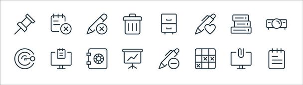 work office supply line icons. linear set. quality vector line set such as notes, calendar, presentation, target, files, delete, cabinet drawer, delete - Vector, Image