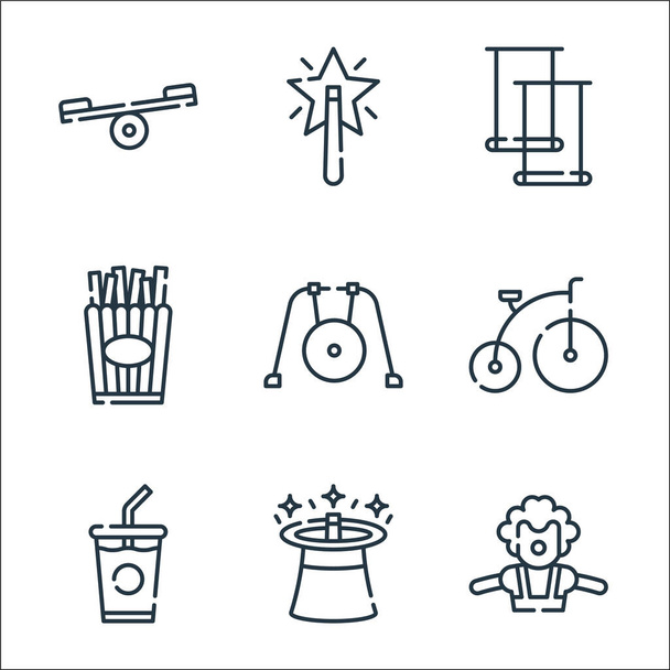 Icone del circo. set lineare. set di linee vettoriali di qualità come clown, cappello magico, bibita, bicicletta, gong, patatine fritte, trapezio, bacchetta magica - Vettoriali, immagini