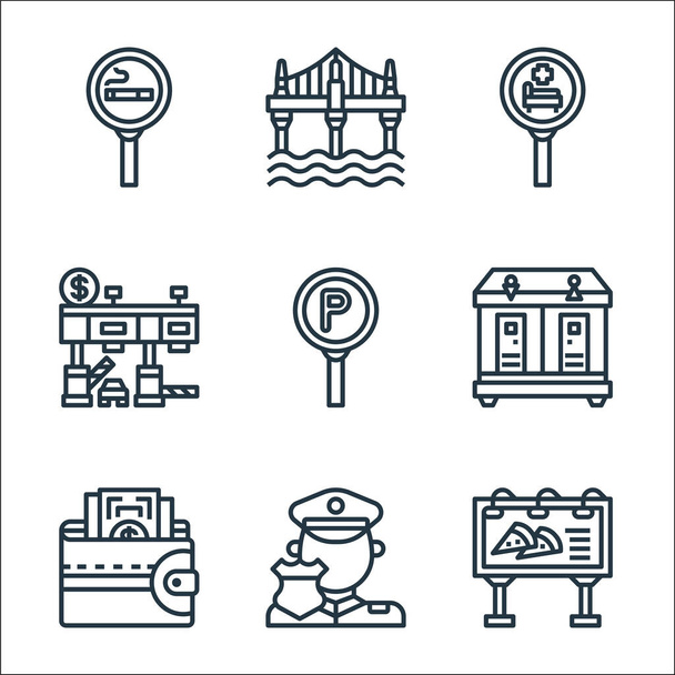 motorway line icons. linear set. quality vector line set such as billboard, policeman, wallet, toilet, parking area, toll road, hospital, bridge - Vector, Image