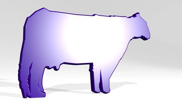 COW made by 3D illustration of a shiny metallic sculpture with the shadow on light background. animal and farm - Foto, Bild