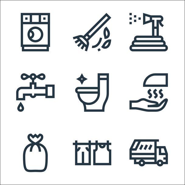 cleaning line icons. linear set. quality vector line set such as garbage truck, drying, garbage, hand dryer, toilet, water tap, garden hose, broom - Vector, Image