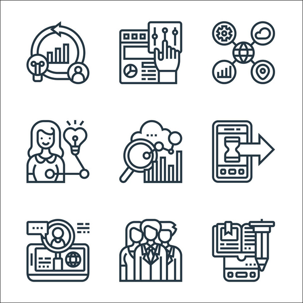 digital transformation line icons. linear set. quality vector line set such as e learning, teamwork, hiring, fast forward, performance, insight, data classification, user interface - Vector, Imagen