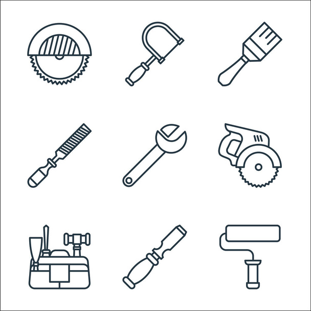 carpentry line icons. linear set. quality vector line set such as paint roller, chisel, kit, electric saw, wrench, chisel, paint brush, fretsaw - ベクター画像