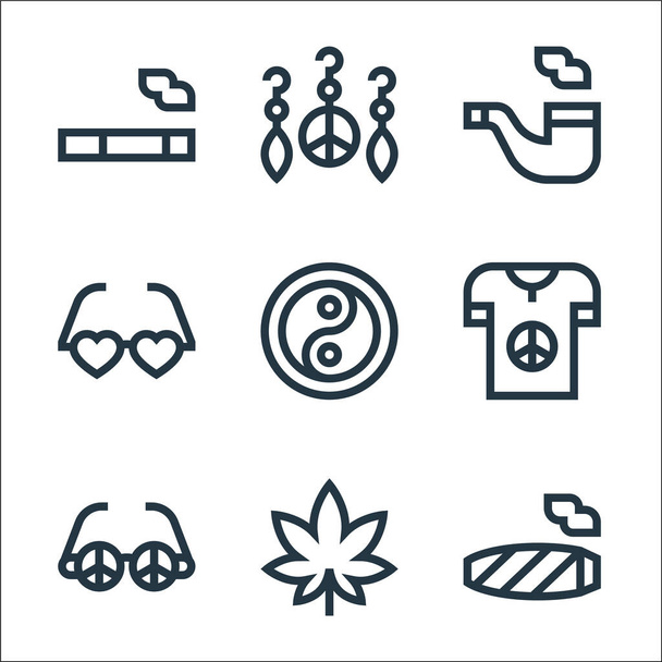 hippies line icons. linear set. quality vector line set such as cigar, marijuana, sunglasses, t shirt, ying yang, glasses, pipe, earrings - Vector, Image