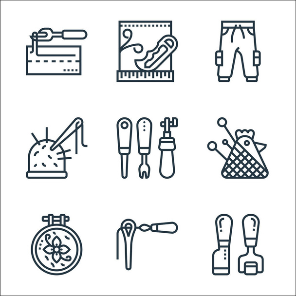 sewing equipment line icons. linear set. quality vector line set such as leather, needle, embroidery, pincushion, craft, sewing thimble, trousers, crease - Vector, Image