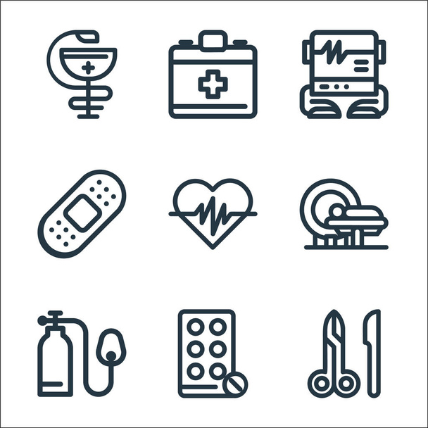 medical tools line icons. linear set. quality vector line set such as surgery, antibiotic, oxygen, mri, heartbeat, bandage, electrocardiogram, emergency kit - Vector, Image