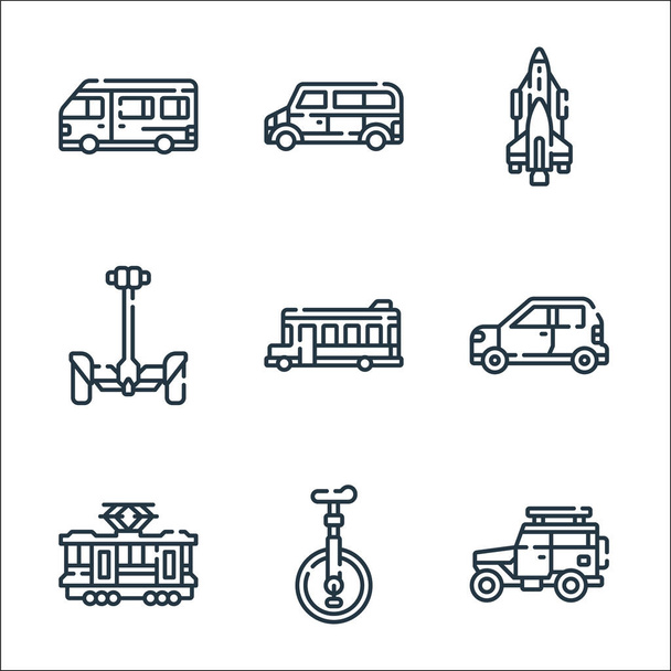 Fahrzeuge transportieren Linien-Symbole. Lineares Set. Qualitätsvektorleitungssatz wie Auto, Einrad, Straßenbahn, Ökomobil, Schulbus, Rakete, Auto - Vektor, Bild