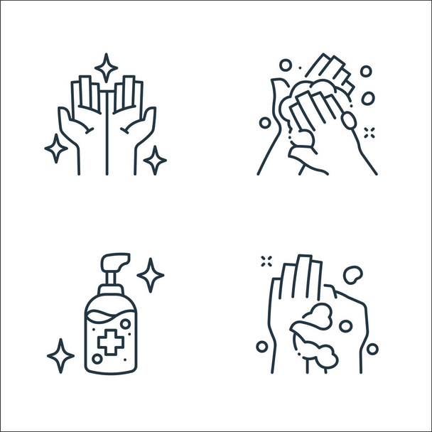 laver les icônes de la ligne des mains. set linéaire. set de lignes vectorielles de qualité telles que lavage, gel alcoolisé, lavage - Vecteur, image