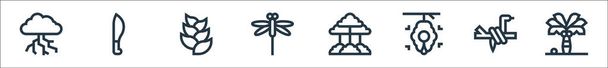 Symbole der Dschungel-Linie. Lineares Set. Qualitätsvektorlinienset wie Palme, Schlange, Bienenkorb, Baum, Libelle, Hölle, Machete - Vektor, Bild