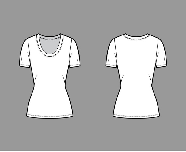 Scoop neck jersey t-shirt technical fashion illustration with short sleeves, close-fitting shape, tunic length - Vector, Image