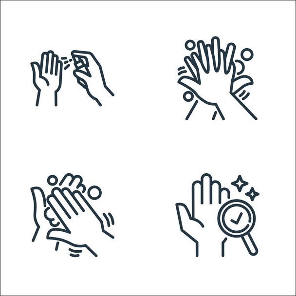 Symbole für Händewaschanlagen. Lineares Set. Qualitätsvektorleitungsset wie Hygiene, Reinigung, Reinigung - Vektor, Bild