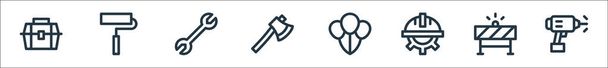 Symbole des Arbeitstages. Lineares Set. Qualitätsvektorleitungssatz wie Bohrer, Barriere, Arbeitstag, Luftballons, Axt, Schraubenschlüssel, Farbwalze - Vektor, Bild