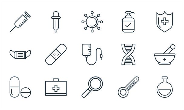 medical tools line icons. linear set. quality vector line set such as flask, loupe, pills, thermometer, first aid kit, mask, dna, hand sanitizer, pipette - Vector, Image
