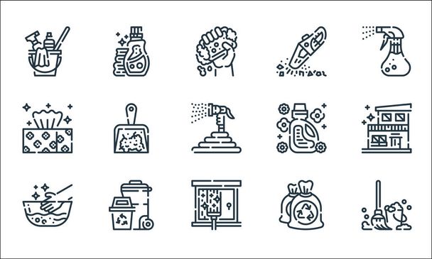 cleaning line icons. linear set. quality vector line set such as mop, glass cleaning, hand wash, garbage bag, trash, tissue, softener, vacuum, detergent - Vector, Image