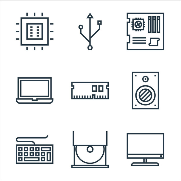 hardware line icons. linear set. quality vector line set such as monitor, cd player, keyboard, speaker, ram, laptop, mainboard, usb - Vector, Image