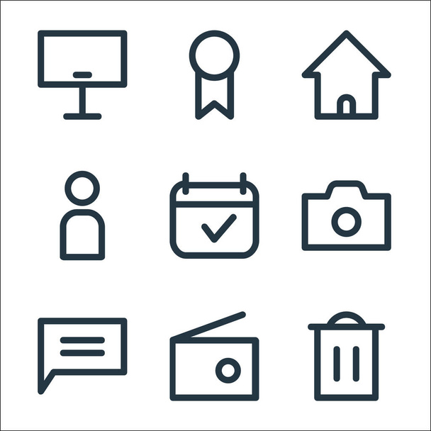 user interface line icons. linear set. quality vector line set such as delete, radio, chat, camera, agenda, user, home, favorite - Vector, afbeelding