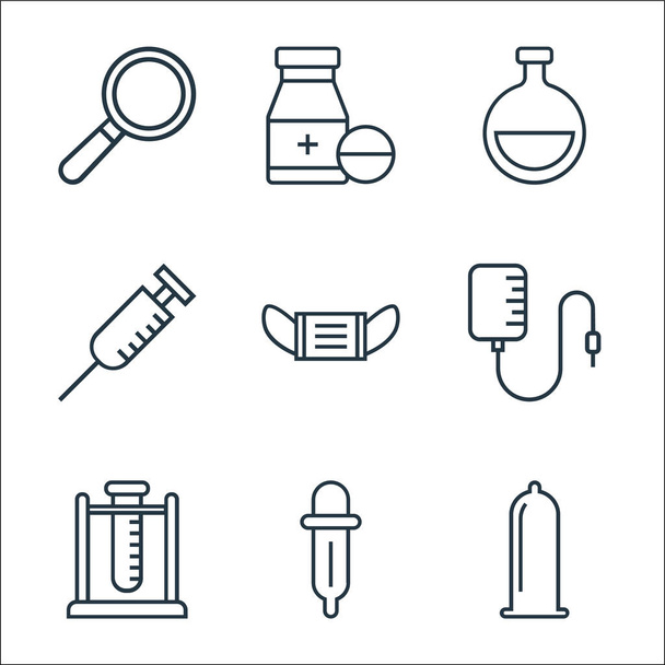 medical tools line icons. linear set. quality vector line set such as condom, pipette, test tube, blood transfusion, mask, syringe, flask, medicine - Vector, Image