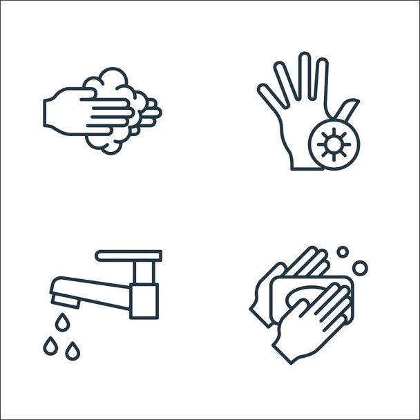 laver les mains ligne icônes. set linéaire. Ensemble de lignes vectorielles de qualité telles que lavage des mains, robinet d'eau, mains - Vecteur, image