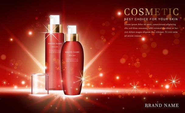 Vector 3D cosmetic make up illustration product essence bottles with shiny red background - Vector, Image
