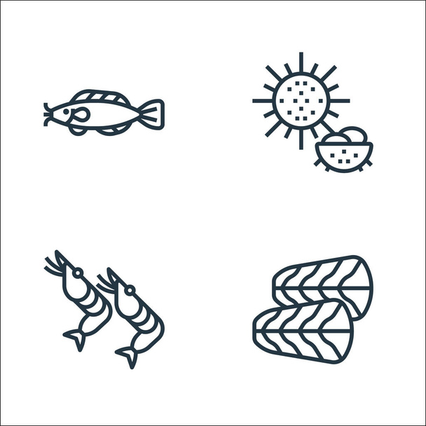 Meeresfrüchte Linie Symbole. Lineares Set. Qualitätsvektorleinen-Set wie Dolly-Fisch, Garnelen, Seeigel - Vektor, Bild