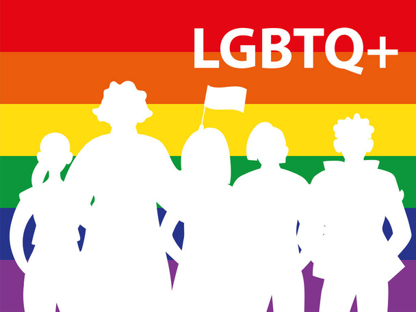 σιλουέτα των ανθρώπων με φόντο ουράνιο τόξο, γκέι σύμβολο υπερηφάνειας - Διάνυσμα, εικόνα