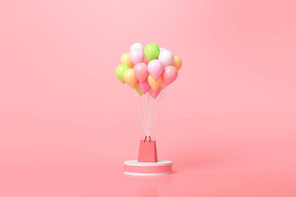 Online shopping concept. balloons and gift boxes with shopping bag on pink background. 3D render illustration - Zdjęcie, obraz