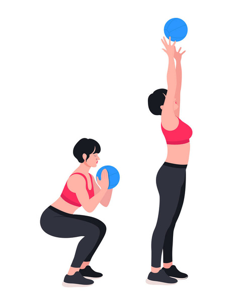 woman doing exercises with medicine ball. Lunges, Pushups, Squats, Dumbbell rows, Burpees, Side planks, Situps, Glute bridge, Leg Raise, Russian Twist, Side Crunch .etc - Vector, Image