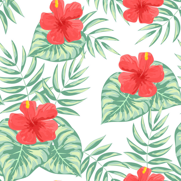 Tropische bladeren en bloemen. Delicaat naadloos patroon. Vector illustratie geïsoleerd op witte achtergrond. - Vector, afbeelding