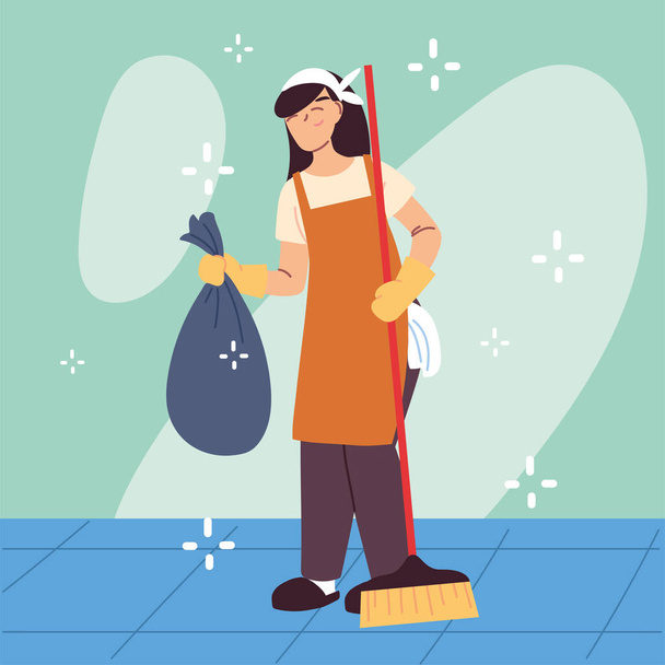 pessoal de higiene, mulher com equipamento de limpeza
 - Vetor, Imagem