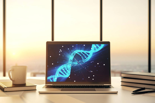 Modern computer monitor with creative DNA hologram. Bio Engineering and DNA Research concept. 3D Rendering - Foto, imagen