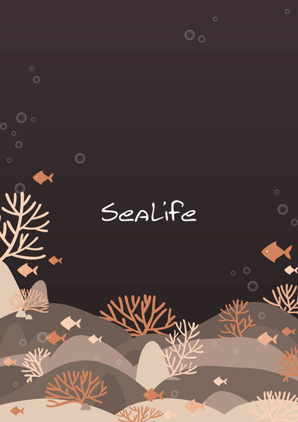 Oranje koralen en vissen in de zee bij nacht frame vector voor decoratie op zomer en herfst seizoen. - Vector, afbeelding