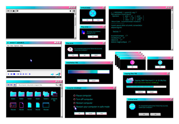 Interfaz retro. Interfaz de usuario de software antiguo clásico con tema y colores cyberpunk, ventanas emergentes futuristas retro, navegador de Internet y gestor de archivos. Conjunto de vectores - Vector, imagen