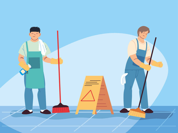 hygieniahenkilökunta työskentelee tiiminä, talonmiesten siivouspalvelu - Vektori, kuva