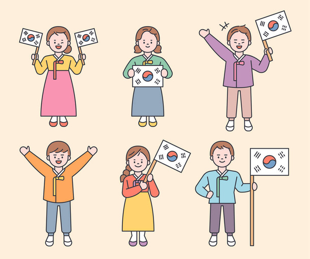 Привабливі персонажі, що носять традиційні корейські костюми, тримають корейський прапор. Малий векторний малюнок. - Вектор, зображення