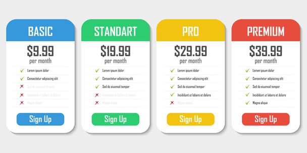 Set of pricing plans. Templates table in flat design. Table tariff banner for websites and applications. Vector illustration. - Vector, Image