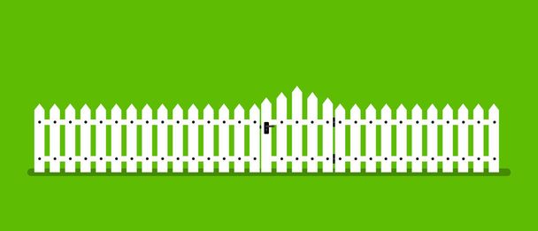 White wooden fence with garden gate in flat style. Stock vector illustration - Vector, Image
