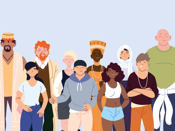 multiculturele mensen, groep mensen in casual kleding staan - Vector, afbeelding