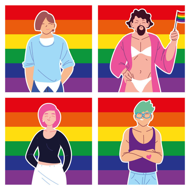 set of cards with people and LGBTQ pride flag - Vector, Image