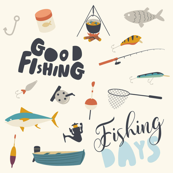 Set of Fishing Icons Boat, Rod and Net with Fish, Campfire with Cauldron and Soup. Bait, Hook Tackle on White Background - Vector, Imagen