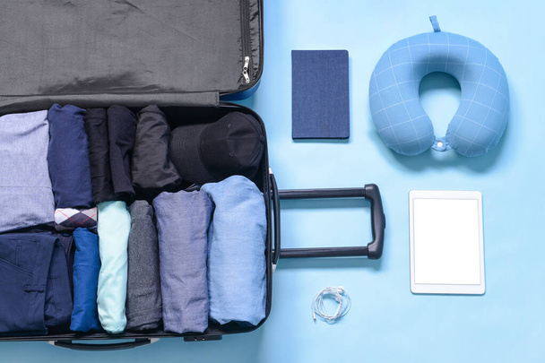 Set of travel accessories on color background - 写真・画像