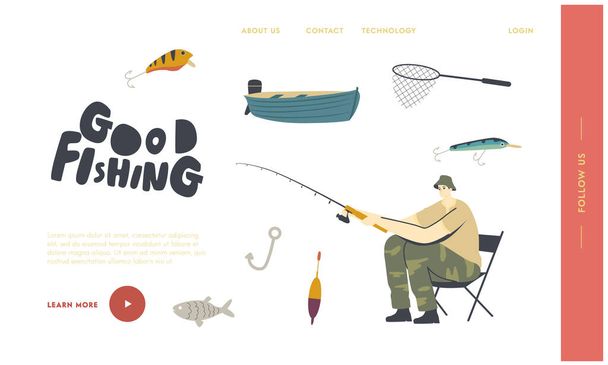 Relax Summertime Hobby Landing Page Template. Pescatore personaggio seduto sulla sedia con asta sulla costa hanno una buona cattura - Vettoriali, immagini