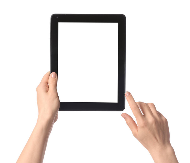 Mãos com computador tablet moderno sobre fundo branco
 - Foto, Imagem