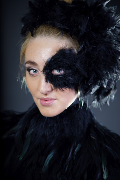 sexy woman with black feather half mask - Photo, image